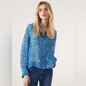 ba&sh Ruffle Bingo Giraffe Print Sheet Blouse Blue